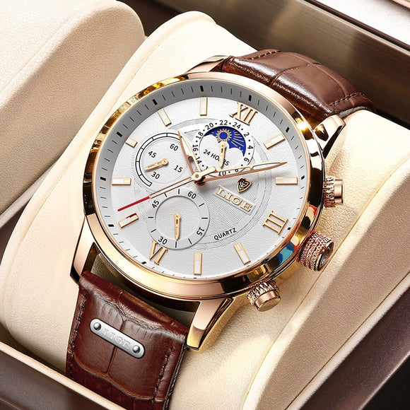 LIGE Men Watches 2022 New Fashion Leather Waterproof  Luxury +box - Brite