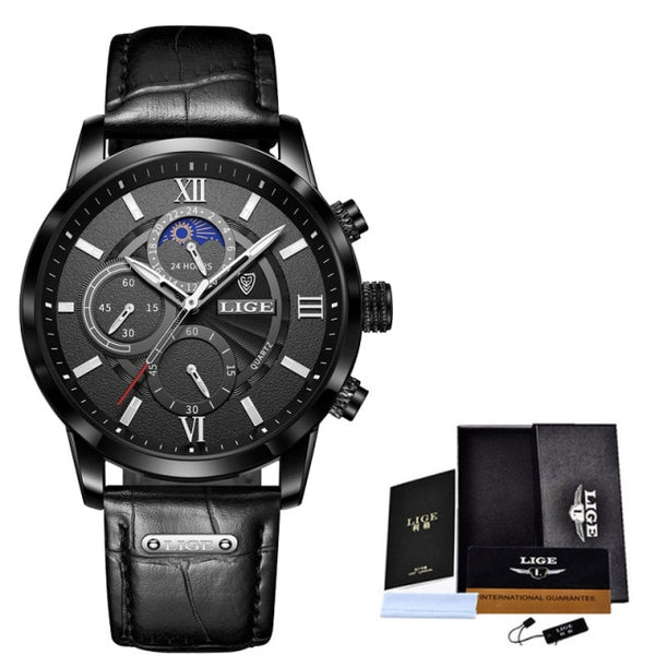 LIGE Men Watches 2022 New Fashion Leather Waterproof  Luxury +box - Brite