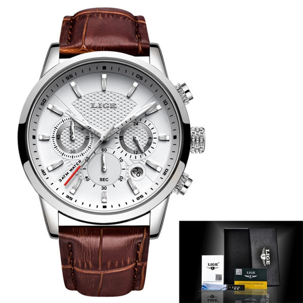 LIGE Men Watches 2022 New Fashion Leather Waterproof  Luxury +box - Brite